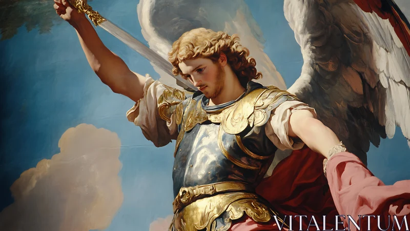 Armored archangel with raised sword in dynamic skyward composition.