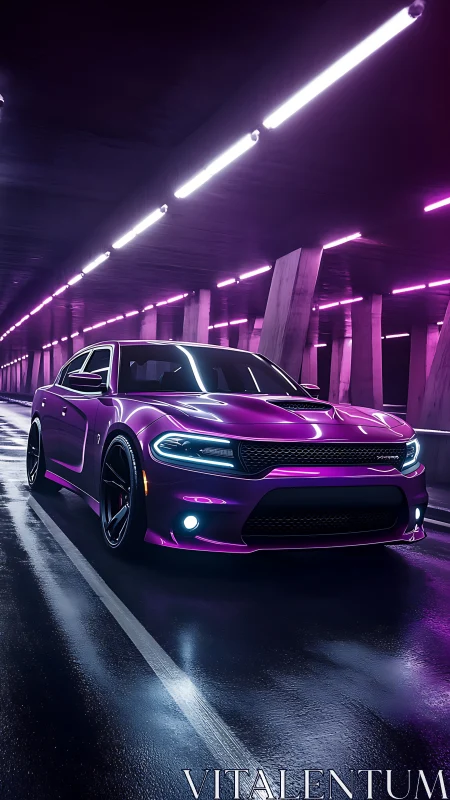 Neon‑washed muscle car prowls through a slick cyber tunnel