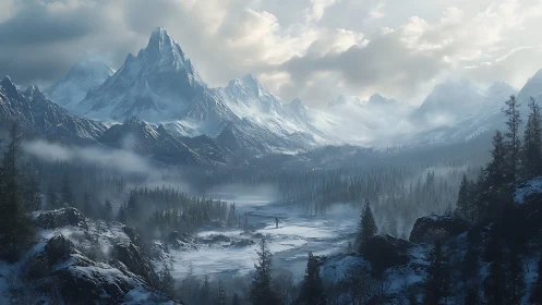 Solitary wanderer threads silence beneath cathedral peaks