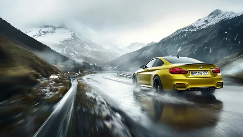 Yellow sports coupe powers along wet alpine mountain pass.