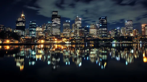 City skyline shows illuminated office towers mirrored on water