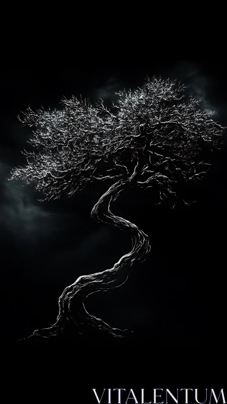 Monochrome twisted tree silhouette against dark background.