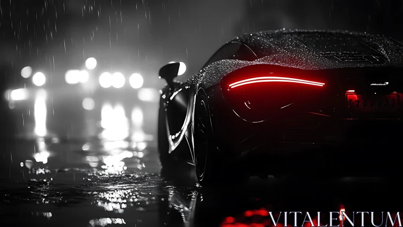 Supercar rear lights cutting through cinematic night rain.