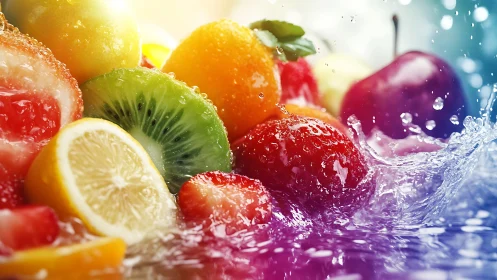Colorful mixed fruits splashing in clear fresh water.