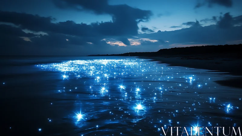 Nocturnal shoreline with bioluminescent wavefront scintillation.
