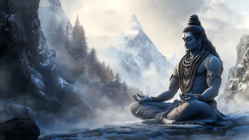 Serene Himalayan meditation with a calm blue deity figure.