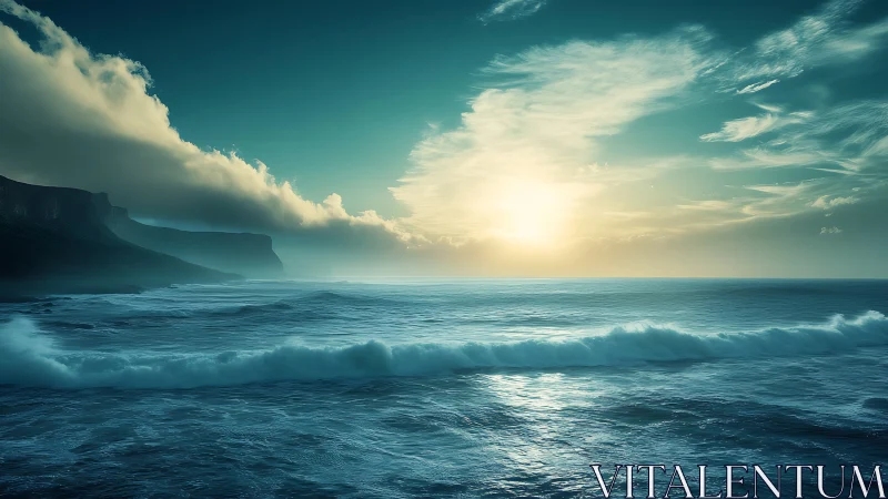 Sunlit ocean waves break beneath glowing coastal cliffs