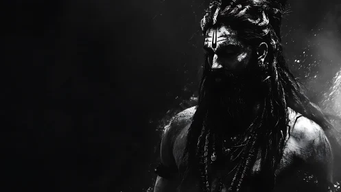 Storm-lit ascetic stands strong in swirling shadowed light