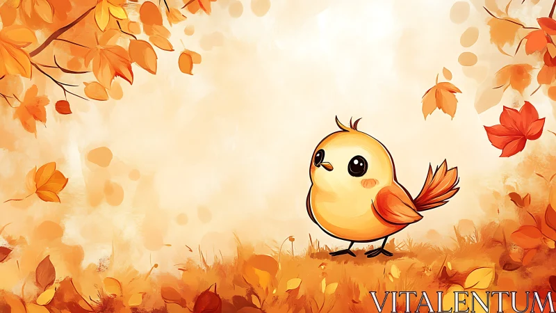 Stylized Chick Illustration in Autumn Foliage Setting.
