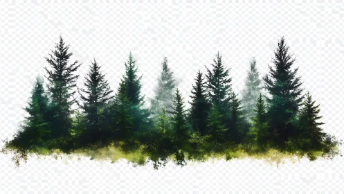 Watercolor conifer stand with layered atmospheric perspective.
