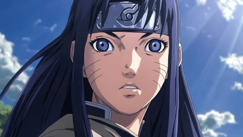 Kunoichi portrait under dramatic sky with cel-shaded detail.