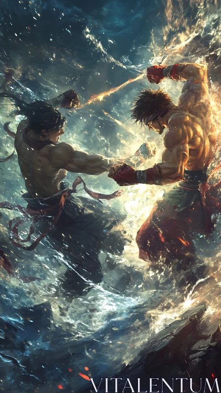 Two muscular fighters engage in combat amid turbulent water