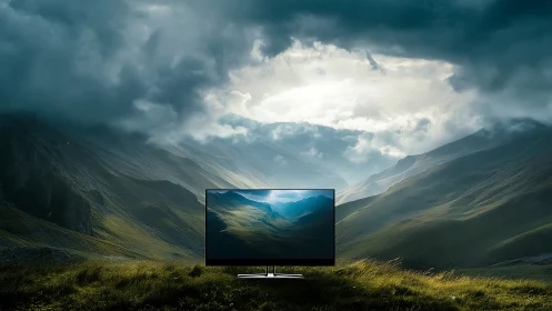 Ultra-thin monitor displays identical mountain valley under storm clouds