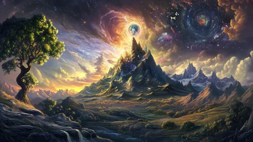Mountain landscape under cosmic sky with swirling galaxies
