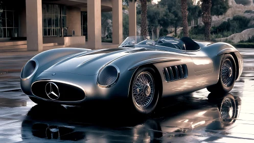 Gleaming retro roadster paused on a rain-kissed plaza.