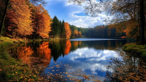 Autumn forest lake mirrors fiery foliage in calm reflection.