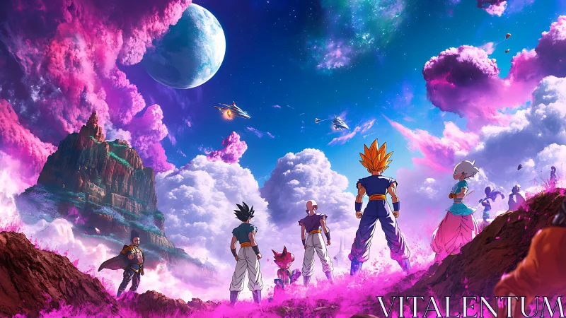 Anime warriors gathered under vivid alien sky.