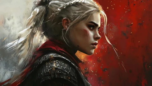 Digital painting profile of armored warrior against red field.