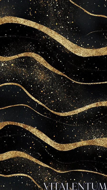 Gold glitter wave bands flow across deep black ground