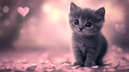 Ethereal Gray Kitten Portrait in Rose-Tinted Bokeh Environment