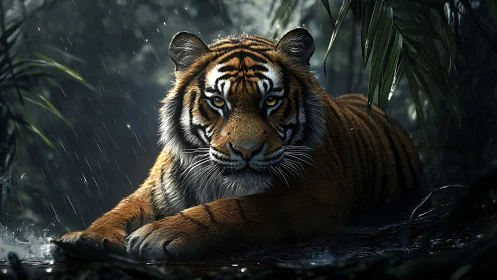 Digital rendering shows a tiger resting in dense rainy jungle