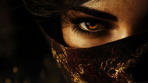 Enigmatic amber eye framed by dark silk and soft shadows.