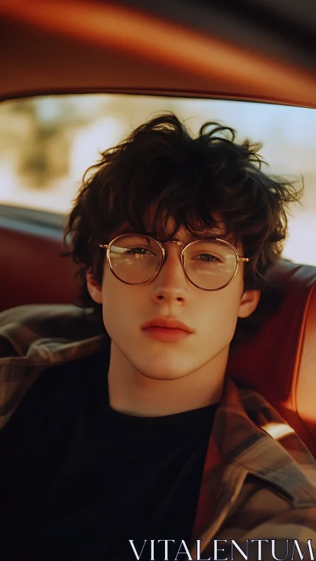 Young person with glasses in warm car interior portrait.