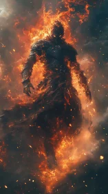 Inferno-clad warlord strides from swirling stormfire veil.