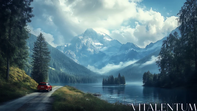 Photorealistic alpine lake vista with red car and misted peaks.