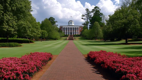 Brick walkway to neoclassical campus hall amid gardens.