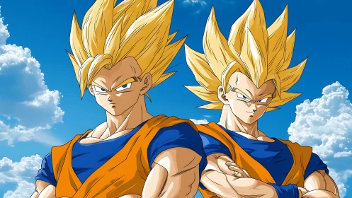 Twin golden warriors under vivid blue sky in anime style.
