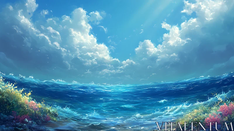 Sunlit ocean horizon under towering summer clouds.