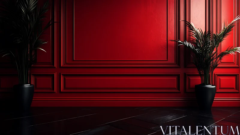 Bold red wall with graceful potted palms in quiet balance.