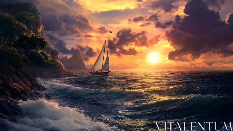 Sunbound sailboat chasing firelit waves at cliffside dusk.