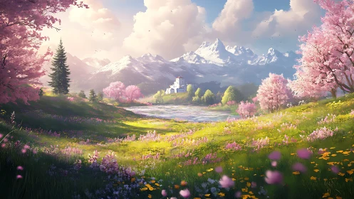 High dynamic range spring valley with alpine castle and bloom gradients