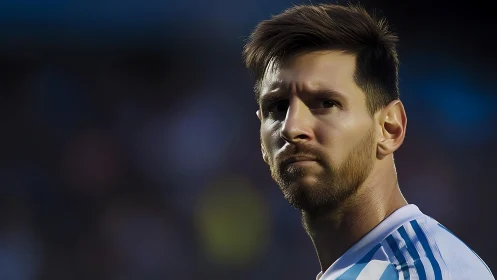 Intense footballer portrait under stadium rim light.