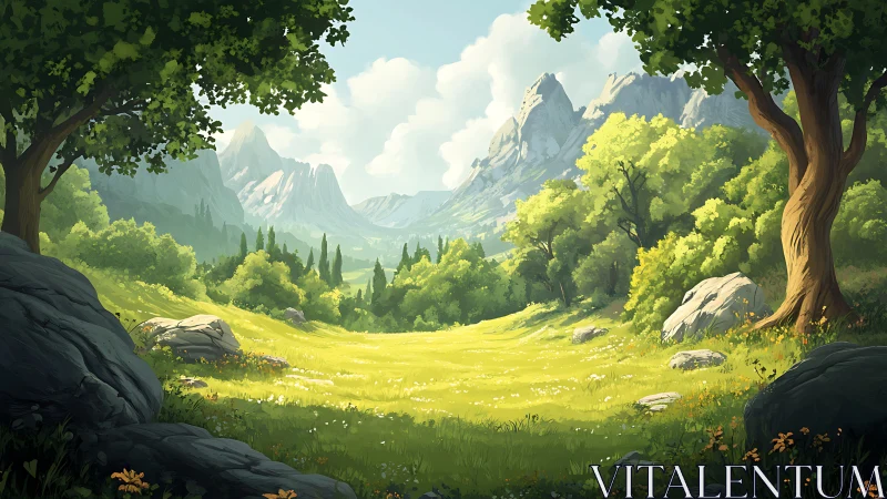 Mountainous valley landscape rendered with digital painting technique
