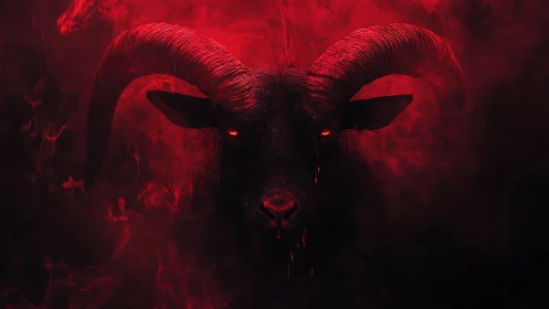 Demonic ram portrait in red smoke with glowing eyes.
