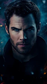 Cinematic blue-eyed antihero portrait in high-contrast lighting.