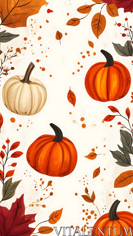 Autumn pumpkins and falling leaves seasonal pattern design.