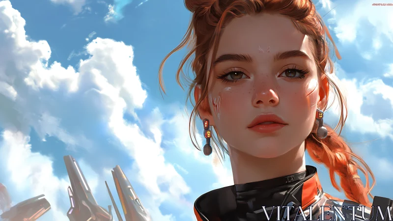 Red haired skyward pilot in sleek sci fi armor portrait.