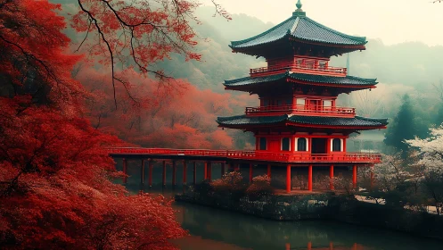 Red Japanese pagoda with bridge in misty autumn forest.