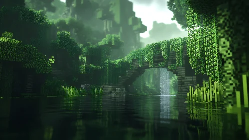 Digital Cavern with Voxel Vegetation and Cascading Waterfall.