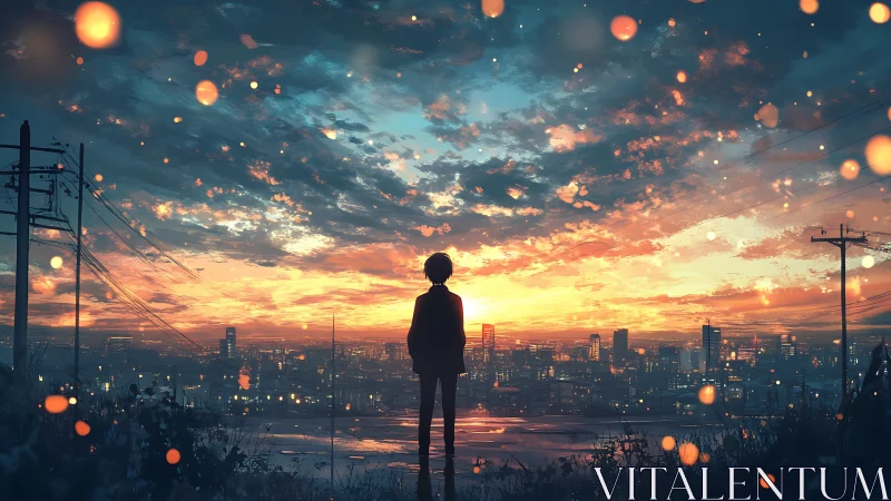 Silhouetted lone figure watches glowing city sunset sky