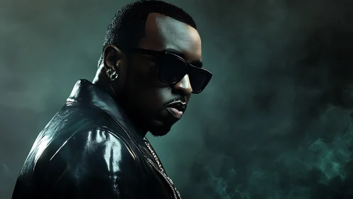 Stylish man in leather jacket in dark smoky studio.