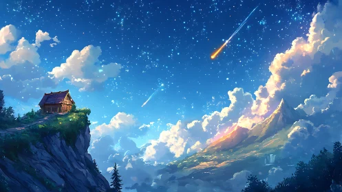 Cozy cliffside cabin under a dreamy shooting star sky.