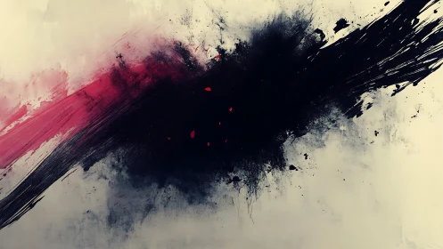 Bold abstract black and red brushstroke on cream canvas background.