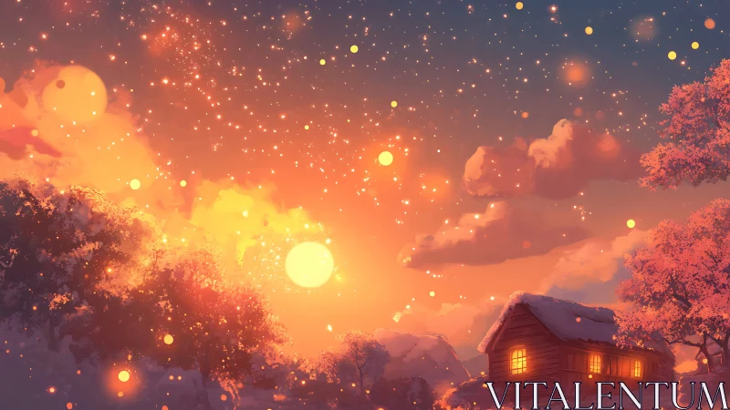 Luminous winter cabin beneath particulate ember skyfield.