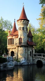 Sunlit fairytale stone tower beside reflective waterway.