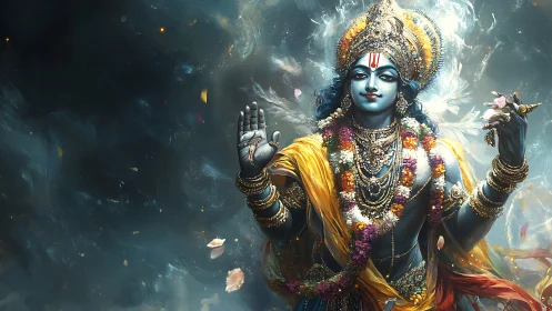 Divine blue deity with ornate crown, garlands and cosmic aura
